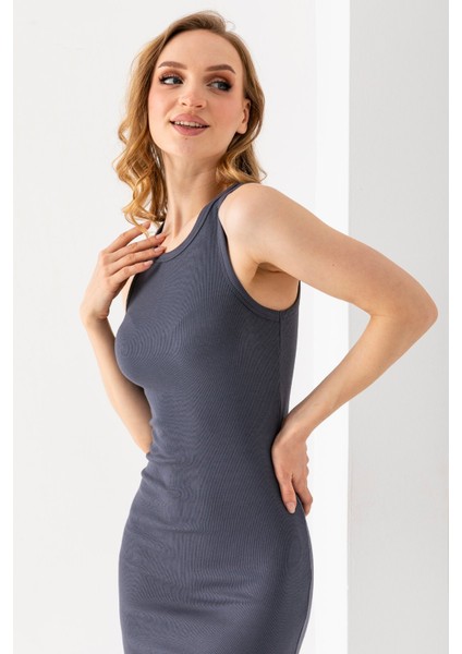 Kadın Bisiklet Yaka Yırtmaçlı Kaşkorse Elbise Antrasit - MS0000521