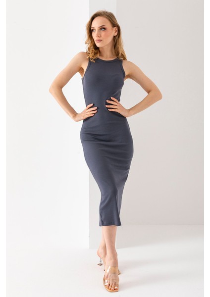 Kadın Bisiklet Yaka Yırtmaçlı Kaşkorse Elbise Antrasit - MS0000521