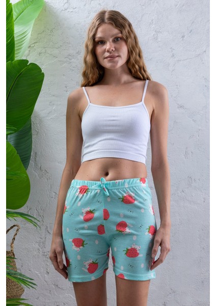 Kadın Beli Lastikli Desenli Şort Pijama Altı Turkuaz - 2027