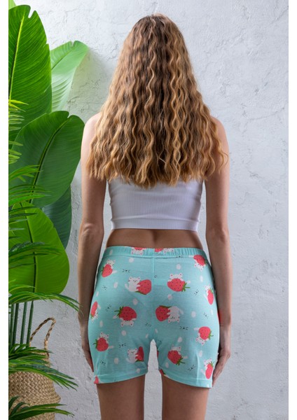 Kadın Beli Lastikli Desenli Şort Pijama Altı Turkuaz - 2027