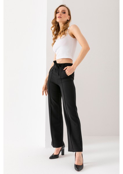 Kadın Beli Lastikli Kuşaklı Bol Paça Pantolon Siyah - 241108