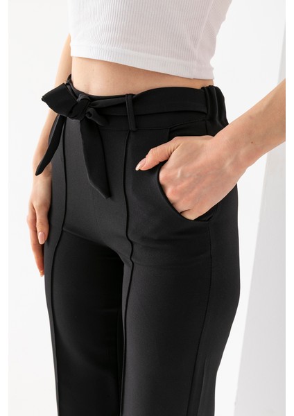 Kadın Beli Lastikli Kuşaklı Bol Paça Pantolon Siyah - 241108