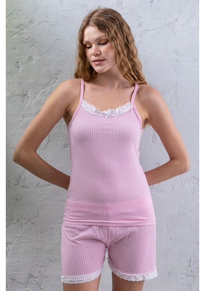 Kadın Askılı Şortlu Dantel Detaylı Çizgili Pijama Takımı Beyaz Pembe - 2031