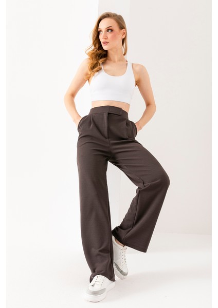 Kadın Likralı Cırt Kapama Palazzo Pantolon Antrasit - 5920-5146