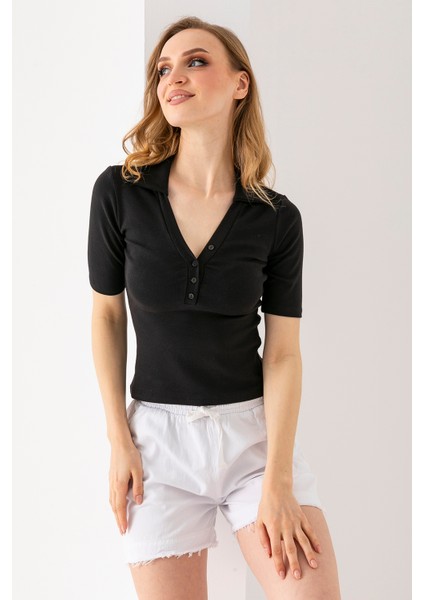 Kadın Polo Yaka Kısa Kollu Düğmeli Body Siyah - MS0000561