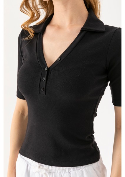 Kadın Polo Yaka Kısa Kollu Düğmeli Body Siyah - MS0000561