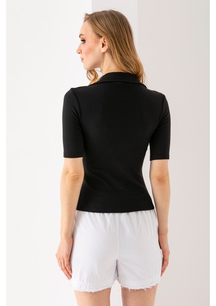 Kadın Polo Yaka Kısa Kollu Düğmeli Body Siyah - MS0000561