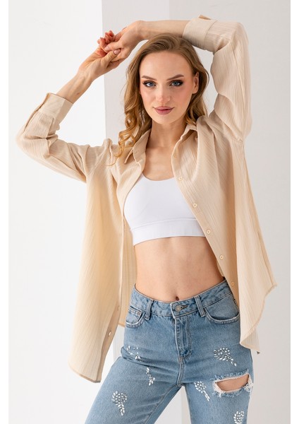 Kadın Uzun Kol Regular Fit Dokulu Gömlek Beyaz - 25Y 10040
