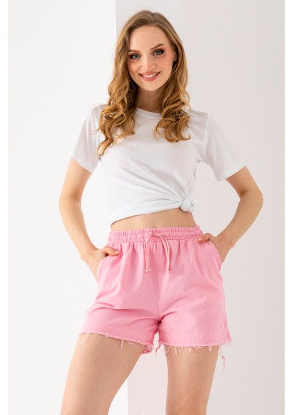 Kadın Beli Lastikli Cepli Pis Paça Kısa Şort Pembe - 25YP 5322