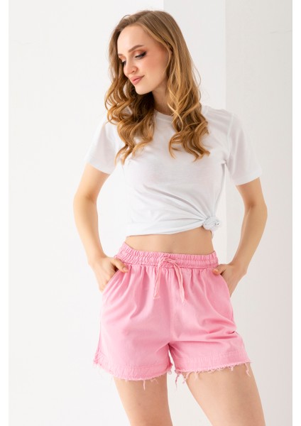 Kadın Beli Lastikli Cepli Pis Paça Kısa Şort Pembe - 25YP 5322