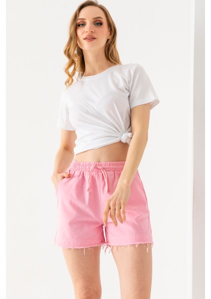 Kadın Beli Lastikli Cepli Pis Paça Kısa Şort Pembe - 25YP 5322