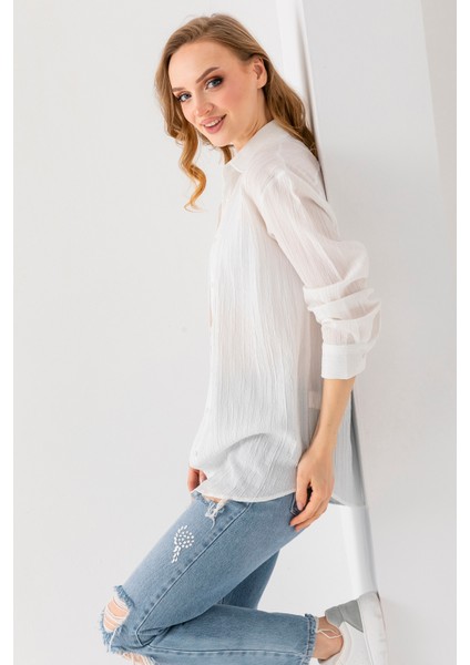 Kadın Uzun Kol Regular Fit Dokulu Gömlek Beyaz - 25Y 10040