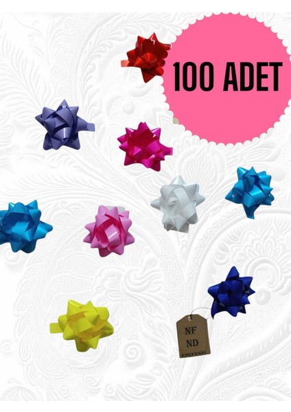 100 Adet 6 cm Fiyonk Hediye Paketi Süsü Parlak Renkte Karışık Yıldız Süs Rafya Yapışkanlı