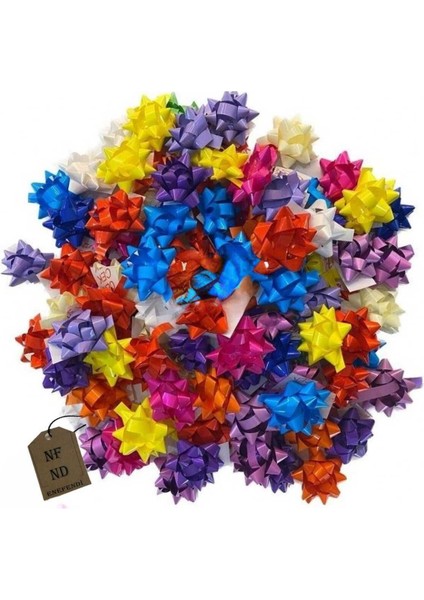 100 Adet 6 cm Fiyonk Hediye Paketi Süsü Parlak Renkte Karışık Yıldız Süs Rafya Yapışkanlı modelleri