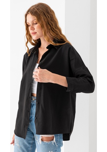 Kadın Siyah Uzun Kollu Basic Pamuklu Oversize Gömlek - 3900