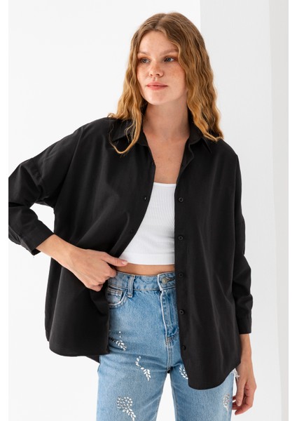Kadın Siyah Uzun Kollu Basic Pamuklu Oversize Gömlek - 3900
