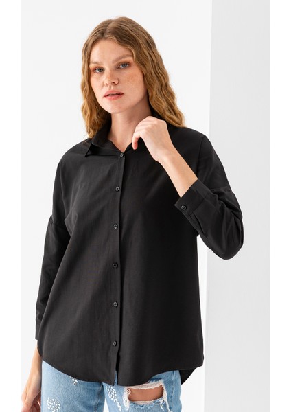 Kadın Siyah Uzun Kollu Basic Pamuklu Oversize Gömlek - 3900