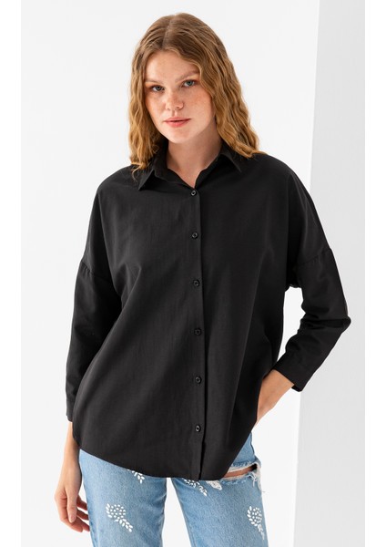 Kadın Siyah Uzun Kollu Basic Pamuklu Oversize Gömlek - 3900