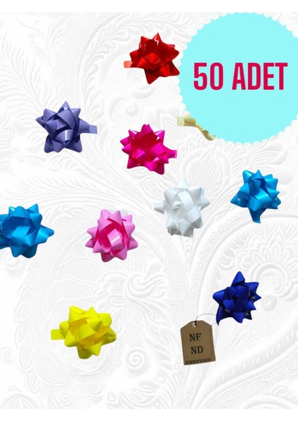 50 Adet 6 cm Fiyonk Hediye Paketi Süsü Parlak Renkte Karışık Yıldız Süs Rafya Yapışkanlı
