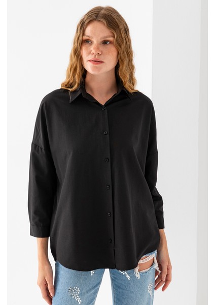 Kadın Siyah Uzun Kollu Basic Pamuklu Oversize Gömlek - 3900