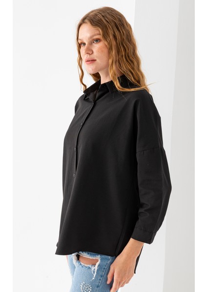 Kadın Siyah Uzun Kollu Basic Pamuklu Oversize Gömlek - 3900
