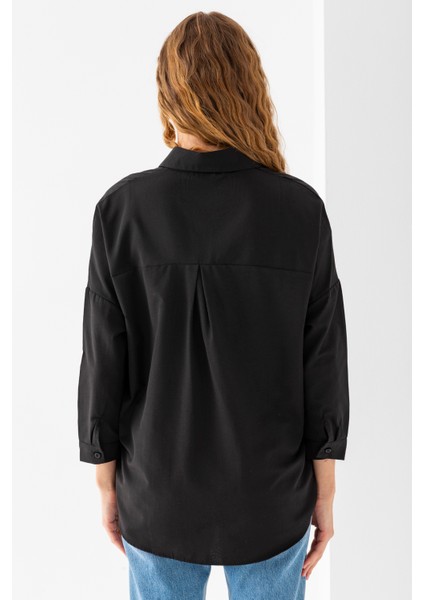 Kadın Siyah Uzun Kollu Basic Pamuklu Oversize Gömlek - 3900
