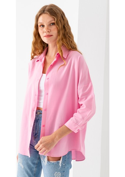Kadın Toz Pembe Uzun Kollu Basic Pamuklu Oversize Gömlek - 3900