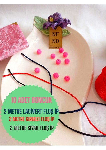 ENEFENDİ 10 Pembe Boncuk 2m Siyah 2m Lacivert 2m Kırmızı Floş Ip ve Bileklik Aparatı Plastik Hediye