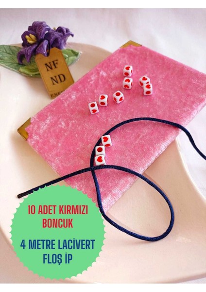 4m Lacivert Floş Ip 10 Adet Kalpli Kare Boncuk Sert Plastik Takı Aparatı Hediye Delikli Kırmızı