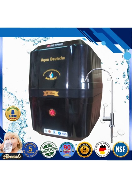 Specıal 8 Litre Antibakteriyel Çelik Tanklı 90 Gpd Nano Membranlı Gümüş Iyon Kompozit Tatlandırıcılı Su Arıtma Cihazı