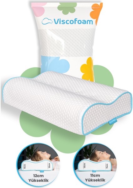 Çift Taraflı Yüksek Boyun Destekli Ortopedik Yastık Visco Yastık - 55 x 35 x 12-11 cm