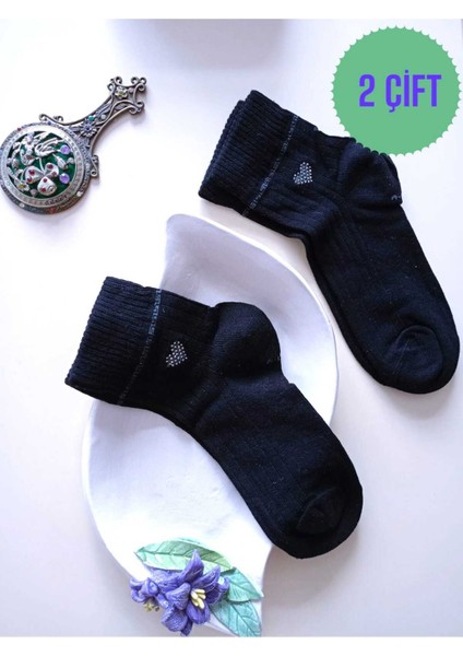 2 Çift Likralı Pamuklu Kokulu Kalp Taşlı Burun Dikişsiz Çorap Siyah Kadın Çorabı 36-40