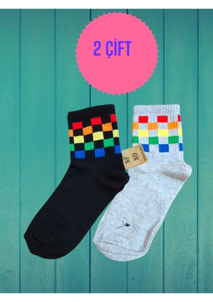 2 Çift Kare Desenli Pamuklu Yumuşak Kadın Çorap Arakonç Siyah Gri Soket Çorabı 36-40