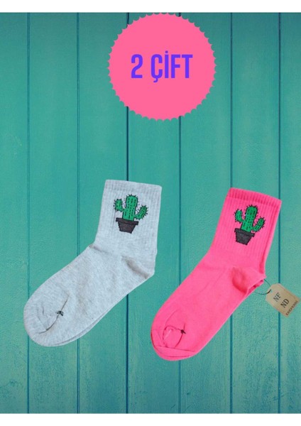 2 Çift Kaktüs Desenli Pamuklu Yumuşak Dikişsiz Çorap Arakonç Kadın Pembe ve Gri Soket Çorabı 36-40