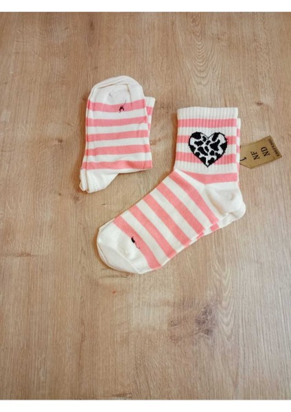 2 Çift Kalp Desenli Çizgili Pamuklu Yumuşak Çorap Arakonç Kadın Krem Pembe Krem Soket Çorabı 36-40 fiyatları