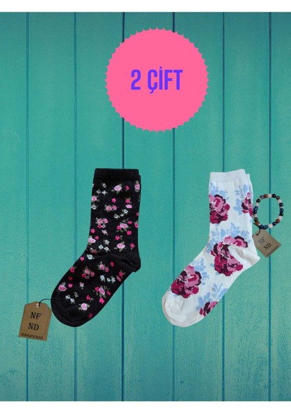 2 Çift Simli Pamuklu Siyah(Dikişsiz) Kırmızı Çiçekli(Dikişli) Soket Çorabı Yumuşak Kadın Çorap 36-40