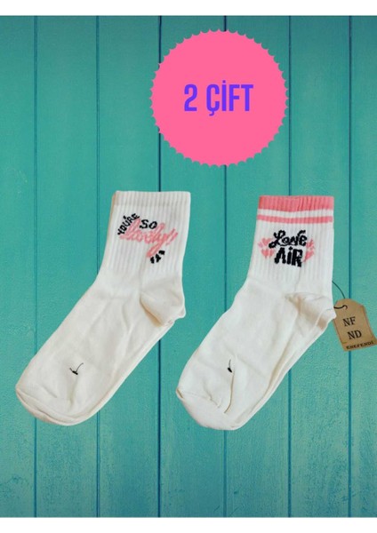 2 Çift Desenli Pamuklu Yumuşak Çorap Arakonç Kadın Krem Pembe Soket Çorabı 36-40