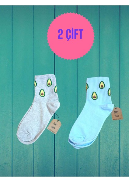 2 Çift Avokado Desenli Pamuklu Yumuşak Çorap Arakonç Kadın Açık Mavi Gri Soket Çorabı 36-40