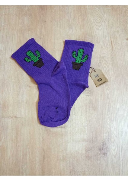 2 Çift Kaktüs Desenli Pamuklu Yumuşak Dikişsiz Çorap Arakonç Kadın Yeşil ve Mor Soket Çorabı 36-40 fiyatları