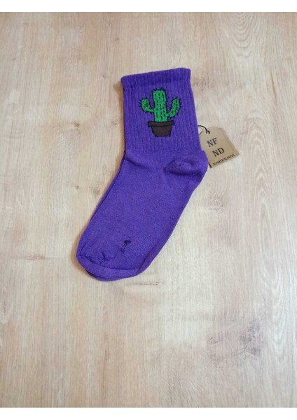 2 Çift Kaktüs Desenli Pamuklu Yumuşak Dikişsiz Çorap Arakonç Kadın Yeşil ve Mor Soket Çorabı 36-40 modelleri