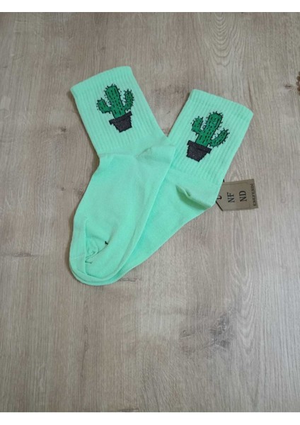 2 Çift Kaktüs Desenli Pamuklu Yumuşak Dikişsiz Çorap Arakonç Kadın Yeşil ve Mor Soket Çorabı 36-40 indirimleri