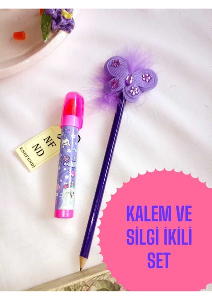 2li Set Mor Kalem ve Roket Yumurtlayan Silgi Aksesuarlı Kalem Hediye Süslü Kurşunkalem