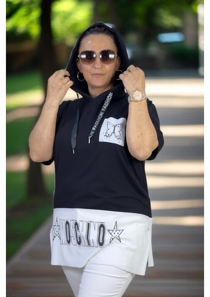 Kapşonu Mini Yırtmaçlı Kelebek Baskılı Büyük Beden Bluz