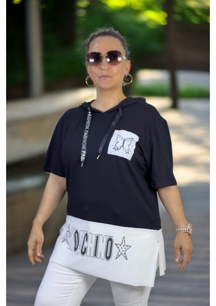 Kapşonu Mini Yırtmaçlı Kelebek Baskılı Büyük Beden Bluz modelleri