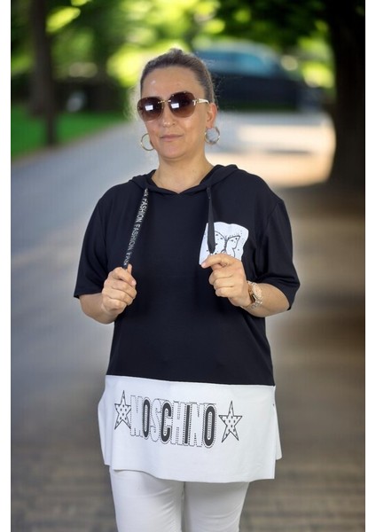 Kapşonu Mini Yırtmaçlı Kelebek Baskılı Büyük Beden Bluz indirimleri