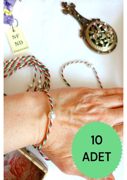 10 Adet Inci Boncuklu Marteniçka Ip Bileklik Kırmızı Yeşil Beyaz Hediye Şans Bahar Incili
