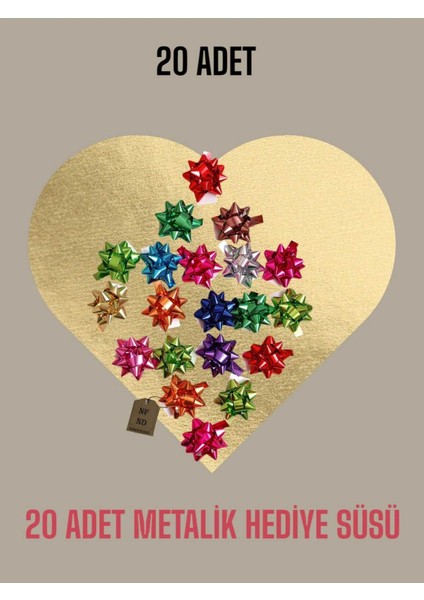 20 Adet 6cm Parlak Metalik Renkte Karışık Fiyonk Yıldız Süs Hediye Paketi Süsü Rafya Yapışkanlı
