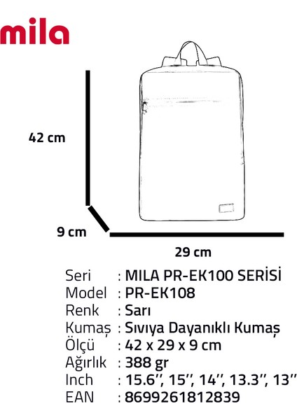 PR-EK108 15.6" Mila Laptop Sırt Çantası,Lenovo,Hp,Asus,Monster,Macbook,Mac Air Uyumlu - Sarı