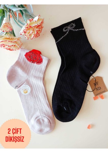 2 Çift Pamuklu Dikişsiz Gültaşlı Kokulu Likra Lastiksiz Kısakonç Çorap Pembe Siyah Kadın Çorabı 3640