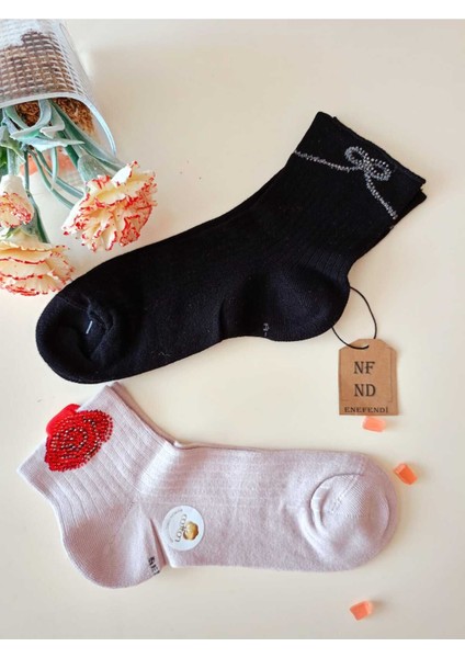 2 Çift Pamuklu Dikişsiz Gültaşlı Kokulu Likra Lastiksiz Kısakonç Çorap Pembe Siyah Kadın Çorabı 3640 indirimleri